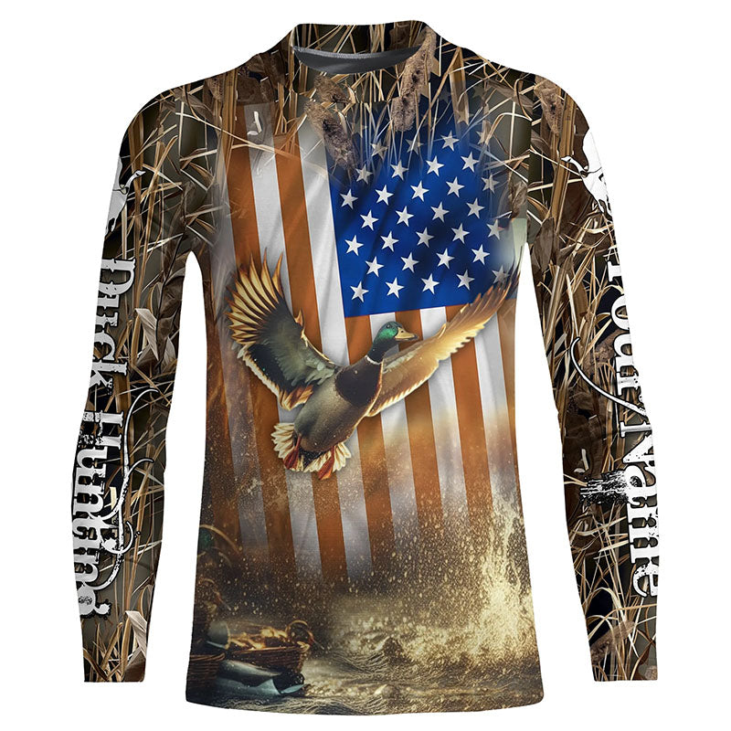 Duck Hunting American flag Waterfowl Camo Custom name Shirts for Men, Kid - Duck hunting gifts FSD2114