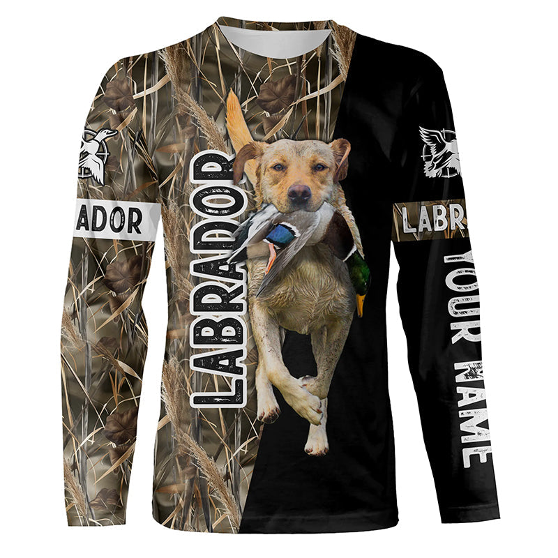 Duck Hunting with Dog Yellow Labrador Retriever Waterfowl Camo custom Name Shirts for Duck Hunters FSD4531