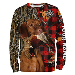 Vizsla Hunting Dog Red Plaid Fall Camo Custom Name all over printing Shirts, Vizsla Hunting Dog Gifts FSD4229