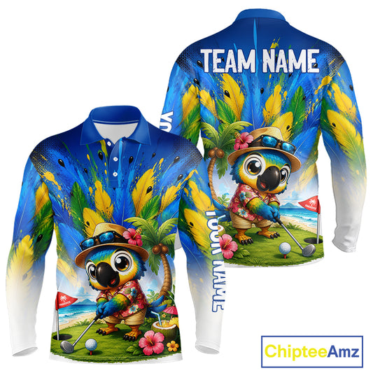 Personalized tropical parrot mens golf polo shirt, funny Hawaiian bird golf jersey, side view.