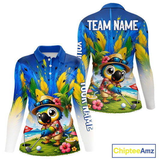 Womens golf polo shirt with tropical parrot print, personalized name and team, Hawaiian bird design.