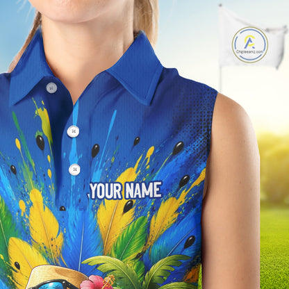 Personalized tropical parrot golf polo for women, funny Hawaiian bird design, sleeveless sport shirt side view.