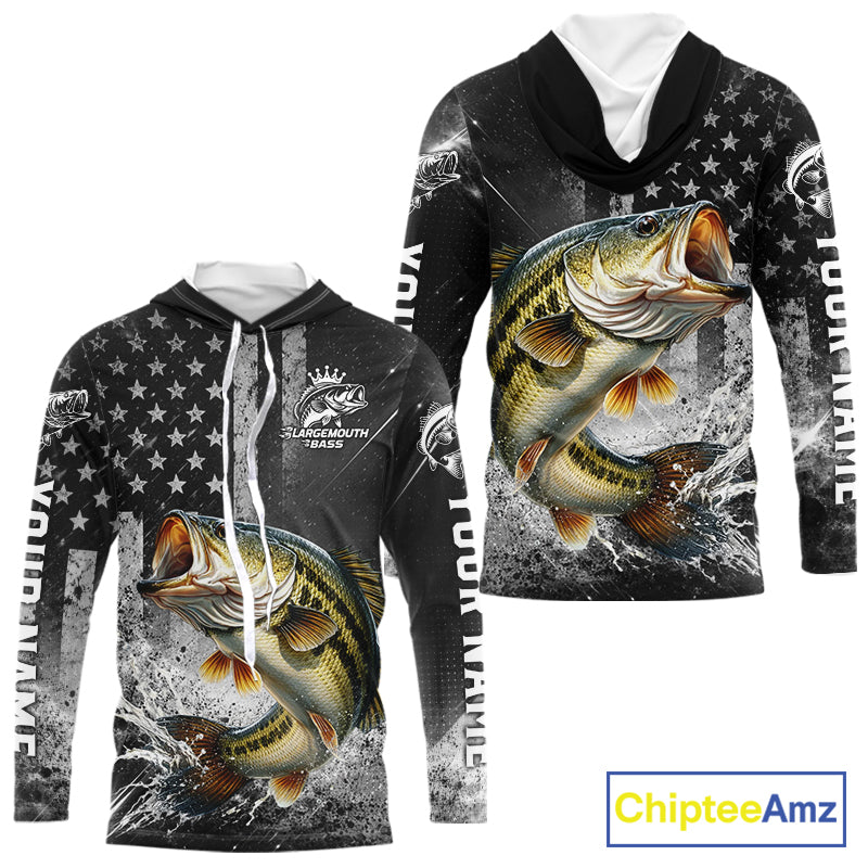 Gray Bass Custom Hooded Long Sleeve Fishing Shirts, American Flag Patriotic Bass Fishing Shirt NHT514