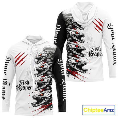 Personalized Fishing Fish Skeleton Hooded Fishing Shirts Jerseys, Fish Reaper Skull Fishing Shirts NHT516