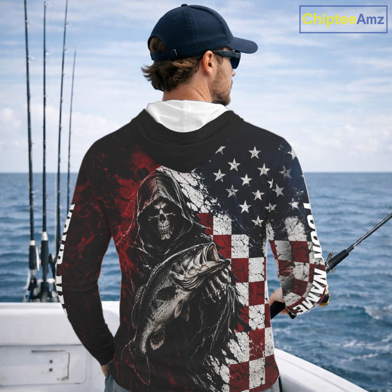 Hoodie with American flag design and skeleton holding a fish, brand 'Chiptee Amz' visible.