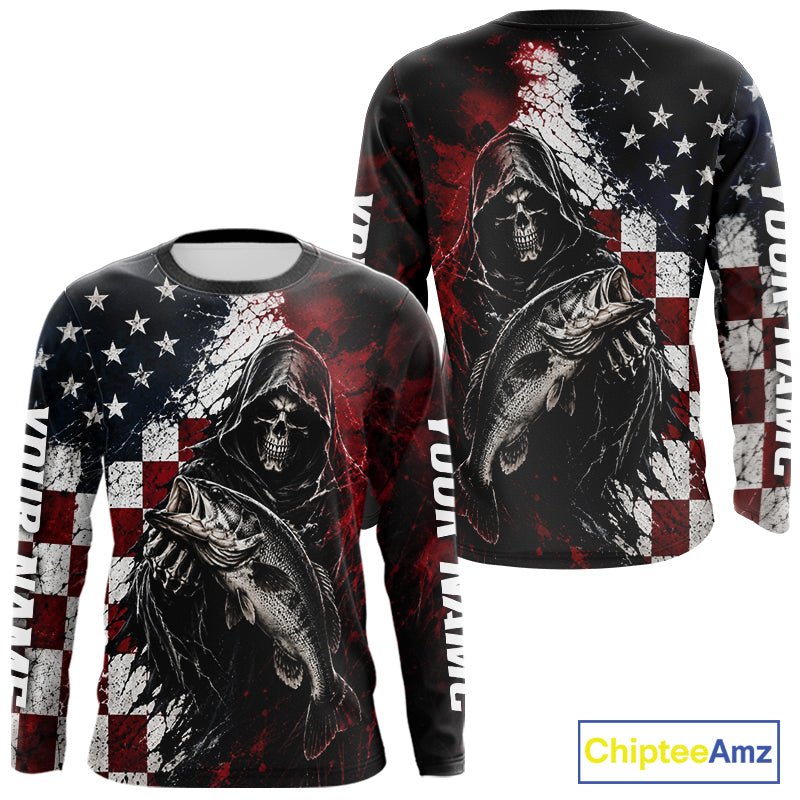 Grim Reaper Largemouth Bass Jersey – American Flag Patriotic Fisherman Long Sleeve Fishing Shirt