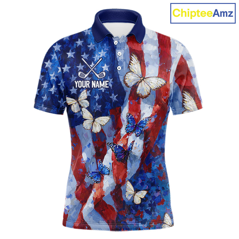 Personalized American Flag Butterfly Golf Polo Shirt – Custom Name Patriotic Team Apparel