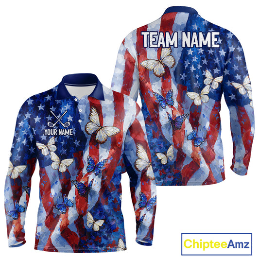 Personalized American Flag Butterfly Golf Polo Shirt – Custom Name Patriotic Team Apparel
