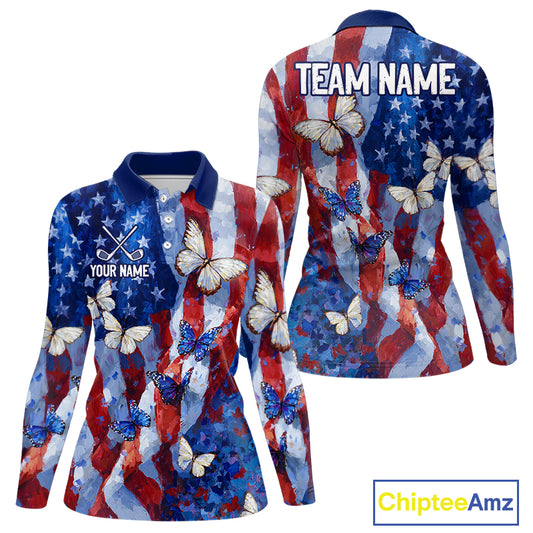 Personalized American Flag Butterfly Womens Golf Polo Shirt – Custom Name Patriotic Team Apparel NHT1033