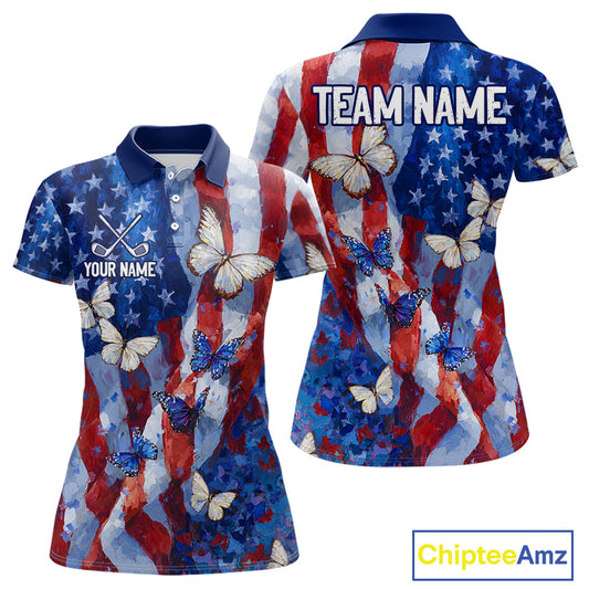 Personalized American Flag Butterfly Womens Golf Polo Shirt – Custom Name Patriotic Team Apparel
