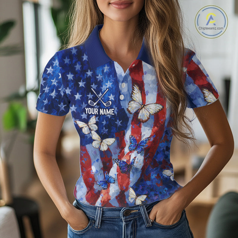 Personalized American Flag Butterfly Womens Golf Polo Shirt – Custom Name Patriotic Team Apparel