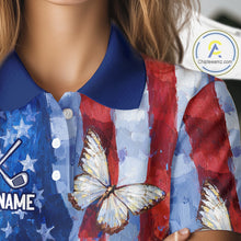 Load image into Gallery viewer, Personalized American Flag Butterfly Womens Golf Polo Shirt – Custom Name Patriotic Team Apparel
