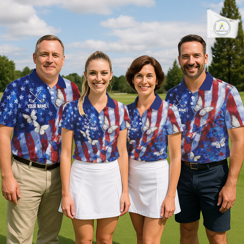 Personalized American Flag Butterfly Golf Polo Shirt – Custom Name Patriotic Team Tournament NHT1033