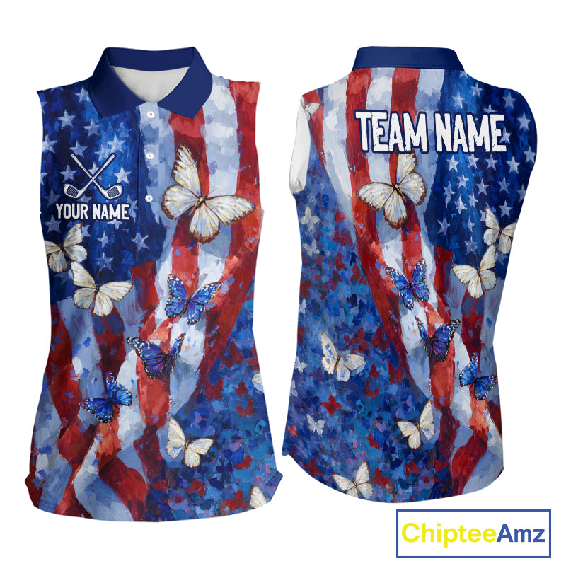 Personalized American Flag Butterfly Womens Sleeveless Golf Polo Shirt – Custom Name Patriotic Team Apparel 