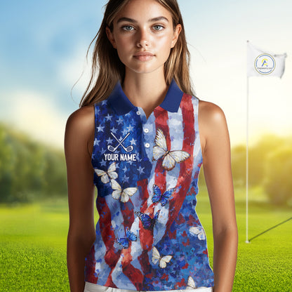 Personalized American Flag Butterfly Womens Sleeveless Golf Polo Shirt – Custom Name Patriotic Team Apparel 