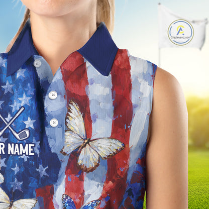 Personalized American Flag Butterfly Womens Sleeveless Golf Polo Shirt – Custom Name Patriotic Team Apparel 