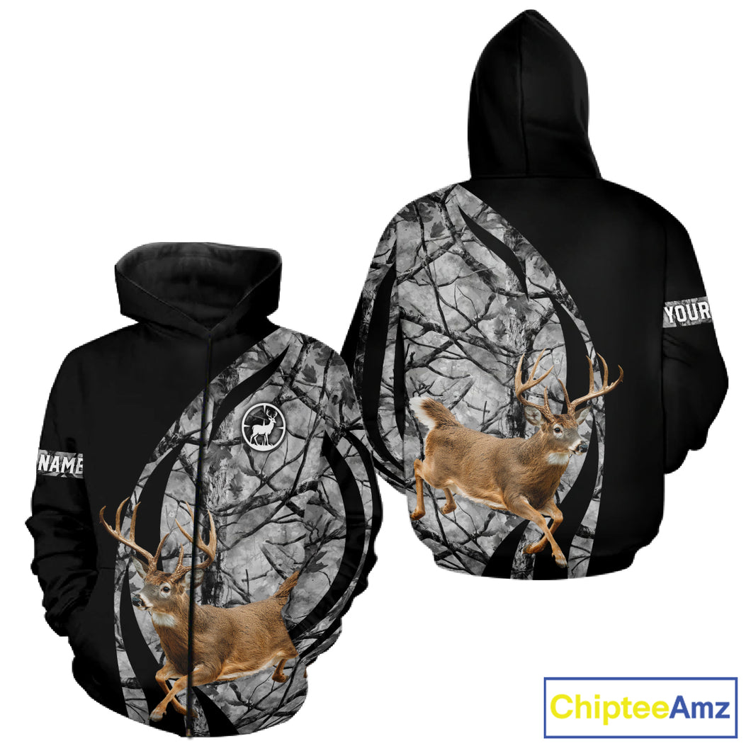 Deer Jumping Hunting 3D Black Gray Camo Custom Name All Over Print Shirt Hunting Shirts NHT206