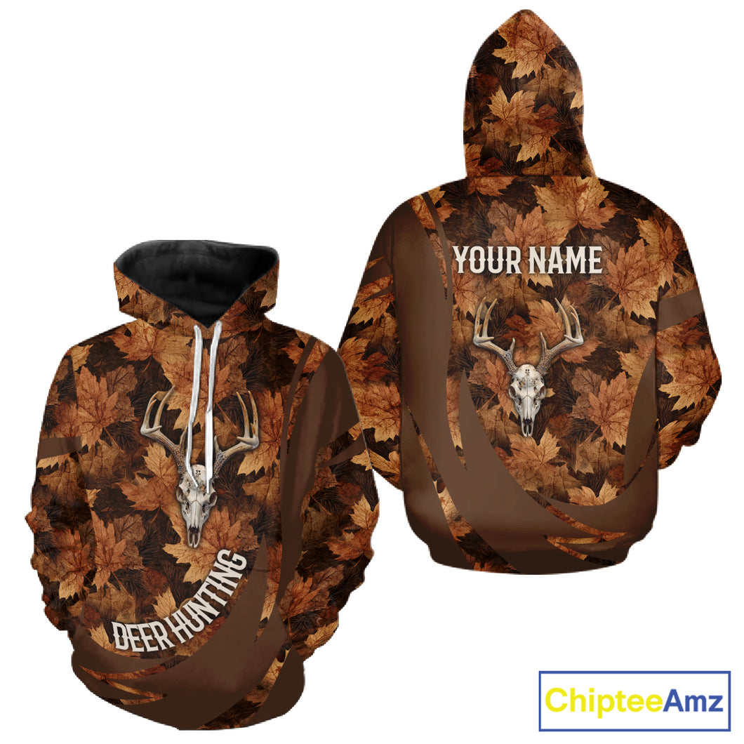 Skull Deer Hunting 3D Brown Camo Autumn Custom Name All Over Print Shirt Hunting Clothes NHT207