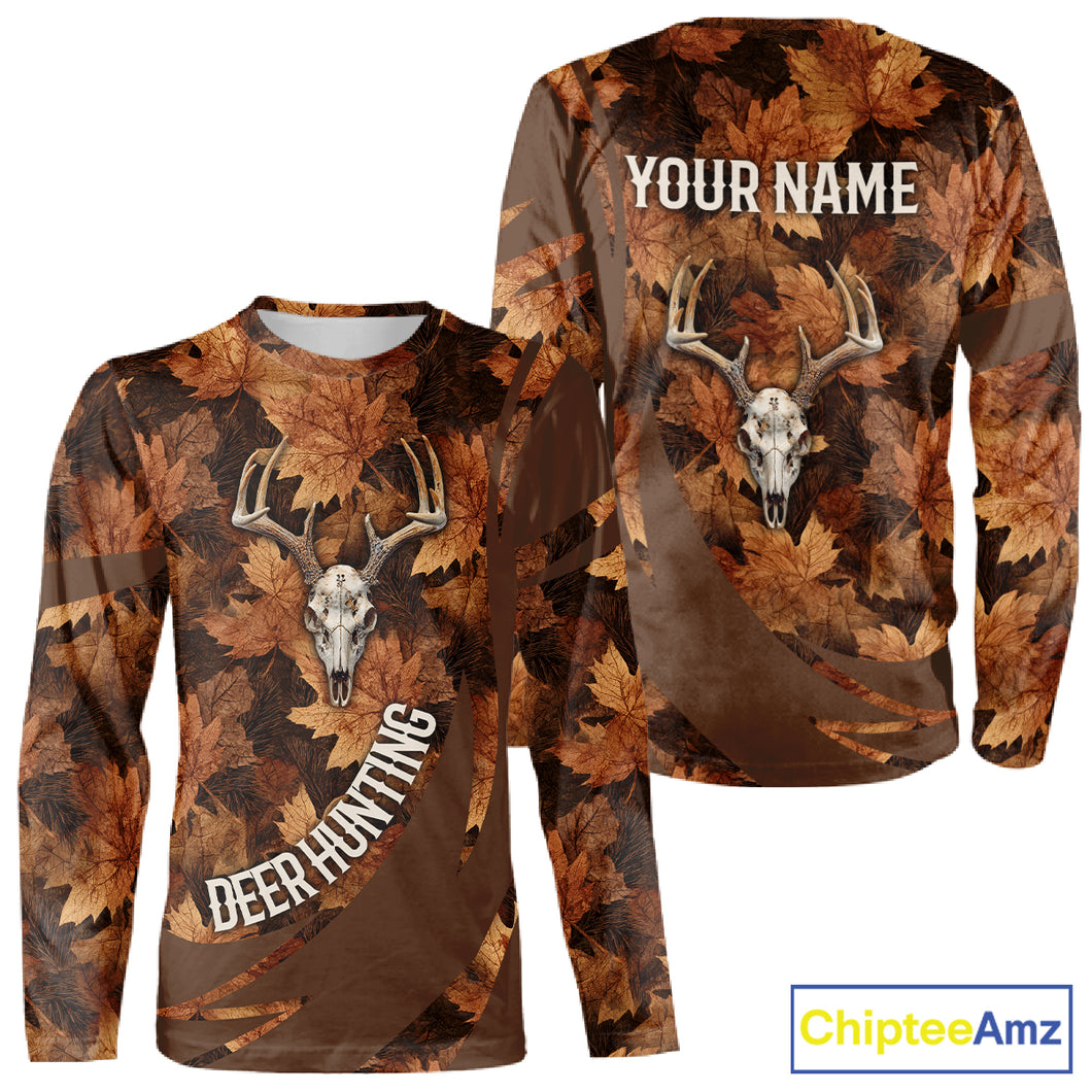 Skull Deer Hunting 3D Brown Camo Autumn Custom Name All Over Print Shirt Hunting Clothes NHT207