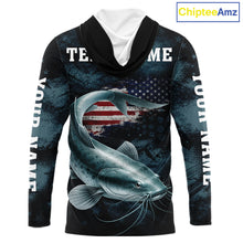 Load image into Gallery viewer, Personalized American Flag Catfish Fishing Shirts Long Sleeve Hooded, Patriotic Catfish Fishing NHT523