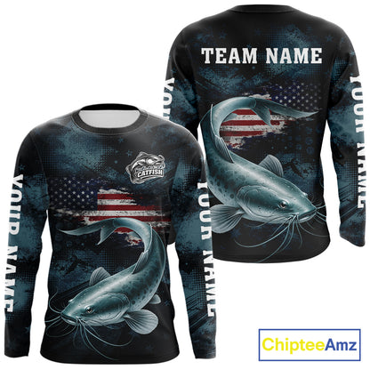 Personalized American Flag Catfish Fishing Shirts Long Sleeve, Patriotic Catfish Fishing  NHT523