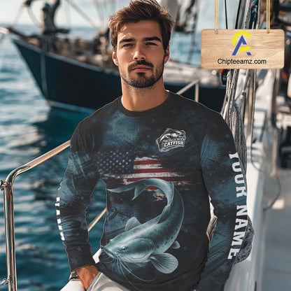 Personalized American Flag Catfish Fishing Shirts Long Sleeve, Patriotic Catfish Fishing  NHT523