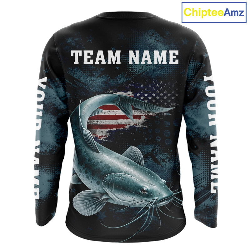 Personalized American Flag Catfish Fishing Shirts Long Sleeve, Patriotic Catfish Fishing  NHT523