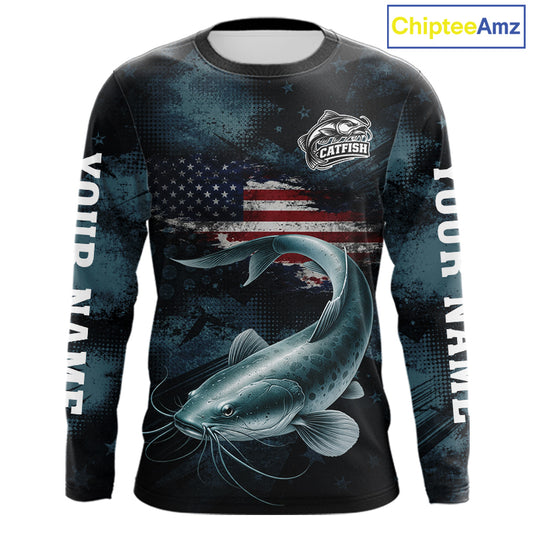 Personalized American Flag Catfish Fishing Shirts Long Sleeve, Patriotic Catfish Fishing  NHT523
