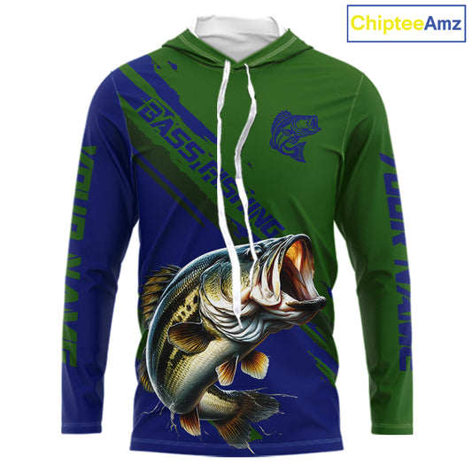 Green Blue Bass Fishing Shirt Long Sleeve Fishing Apparel For Men, Hooded Fishing Shirt For Fisher NHT873