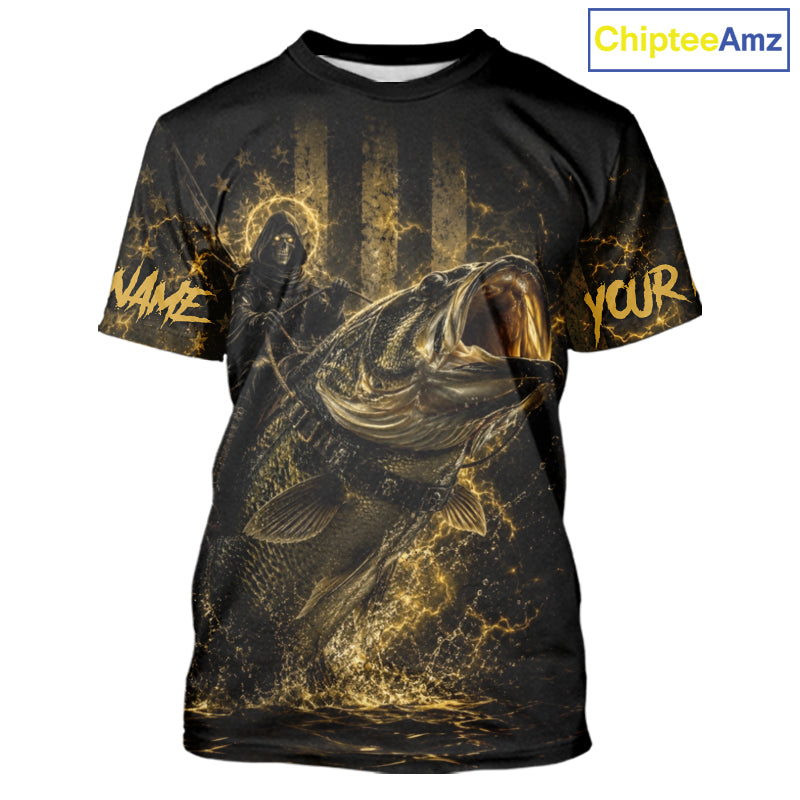 Yellow Grim Reaper bass fishing jersey with largemouth bass graphic, short sleeve UPF 30+ performance fishing shirt for men