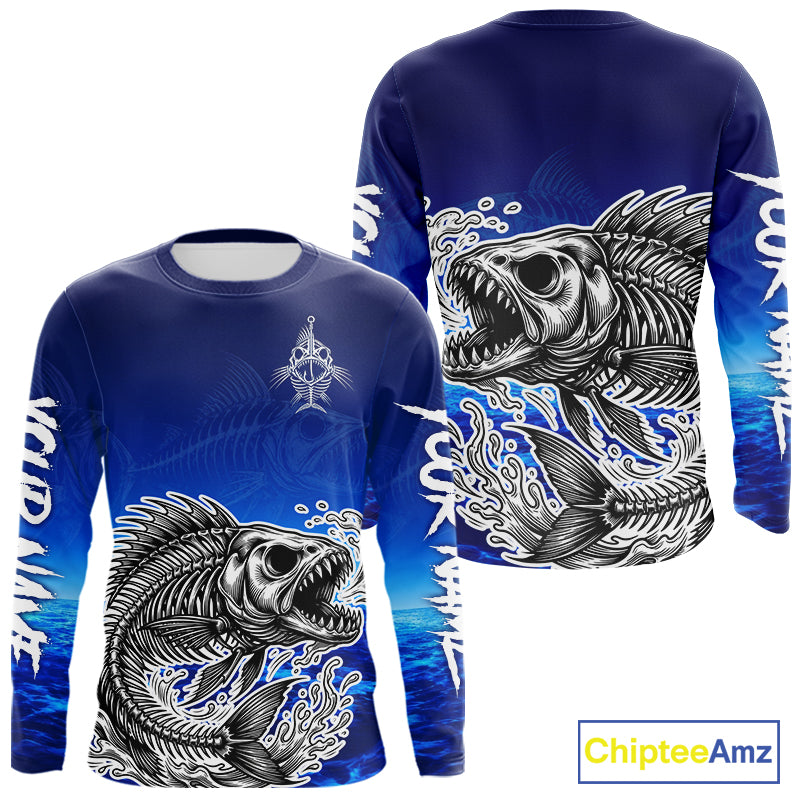 Personalized Fishing Fish Skeleton Fishing Shirts Long Sleeve, Ocean Wave Fishing Jersey NHT1353