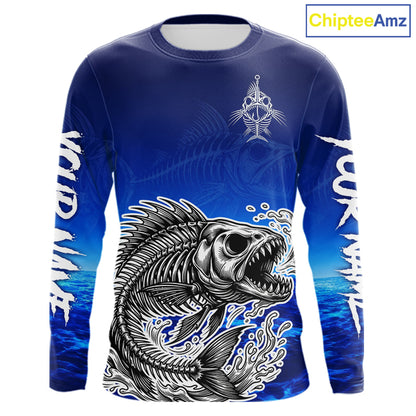 Personalized Fishing Fish Skeleton Fishing Shirts Long Sleeve, Ocean Wave Fishing Jersey NHT1353