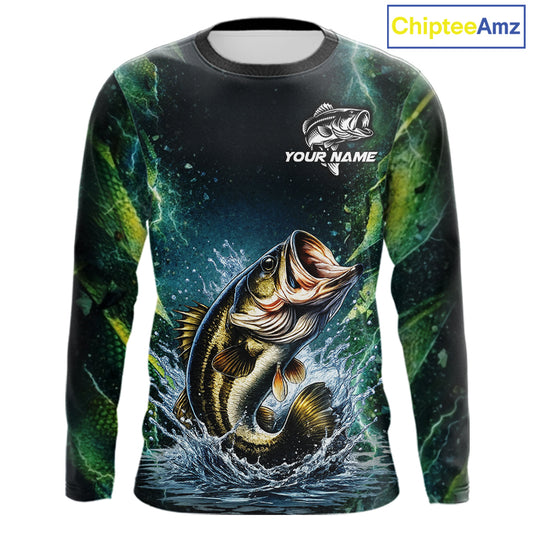 Largemouth Bass Fishing Black Green Camo Custom Name Fishing Shirts Jerseys  NHT456