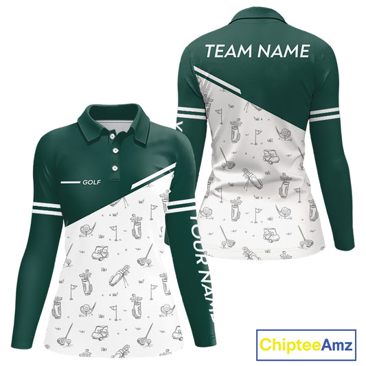 Green White Golf Pattern Womens Golf Tops Custom Ladies Golf Shirts, Green Golf Tops NHT884
