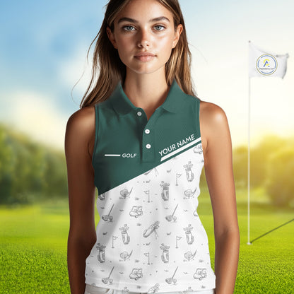 Green White Golf Pattern Sleeveless Womens Golf Tops Custom Ladies Golf Shirts, Green Golf Tops NHT884