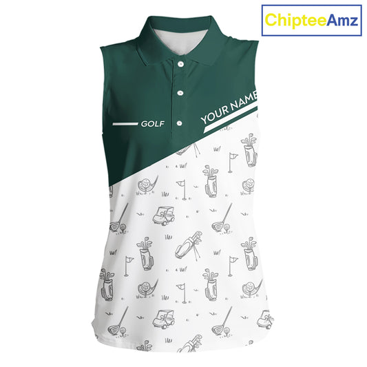 Green White Golf Pattern Sleeveless Womens Golf Tops Custom Ladies Golf Shirts, Green Golf Tops NHT884