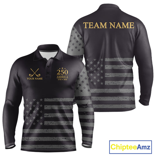 Black & Gold American Flag Mens Golf Polo Shirts, Golf Gifts For Team NHT887