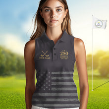 Load image into Gallery viewer, Black &amp; Gold American Flag Sleeveless Womens Golf Polo Shirts, Golf Gifts For Team NHT887