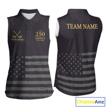Load image into Gallery viewer, Black &amp; Gold American Flag Sleeveless Womens Golf Polo Shirts, Golf Gifts For Team NHT887