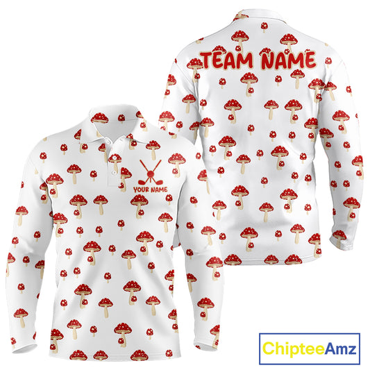 Funny Mushroom Mens Golf Polo Shirt, Personalized Mushroom Red White Pattern Golf Jersey NHT888