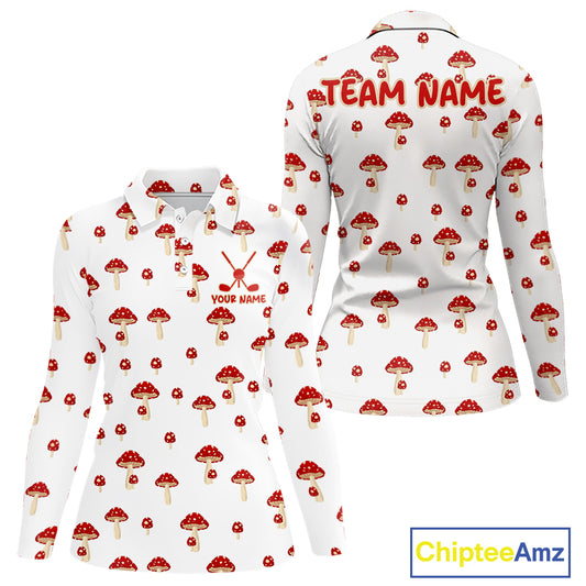 Funny Mushroom Womens Golf Polo Shirt, Personalized Mushroom Red White Pattern Golf Jersey NHT888