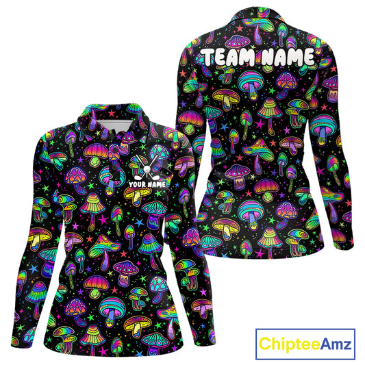 Funny Neon Mushroom Pattern Womens Golf Polo Shirt – Custom Name, Team Name For Golfer NHT889