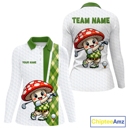 Funny Cartoon Mushroom Womens Golf Polo Shirt White Argyle Green Pattern Golf Shirt NHT890