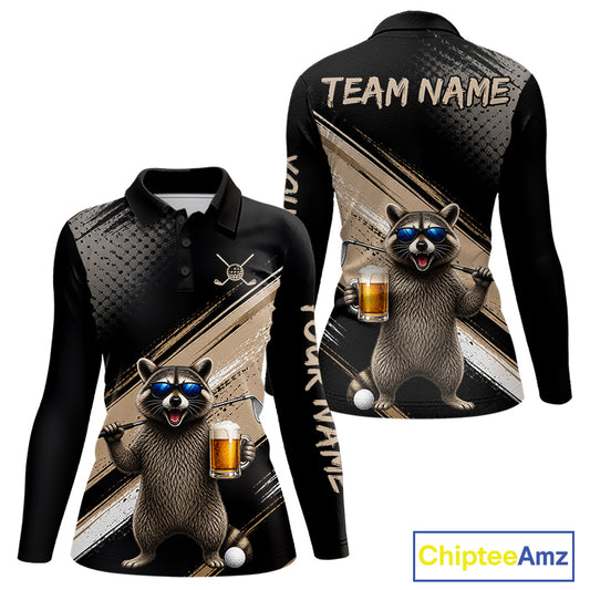 Funny Raccoon Golf Polo Shirt Custom Name Golf Beer Polo Gift For Women Black Beige Golf Jersey  NHT891