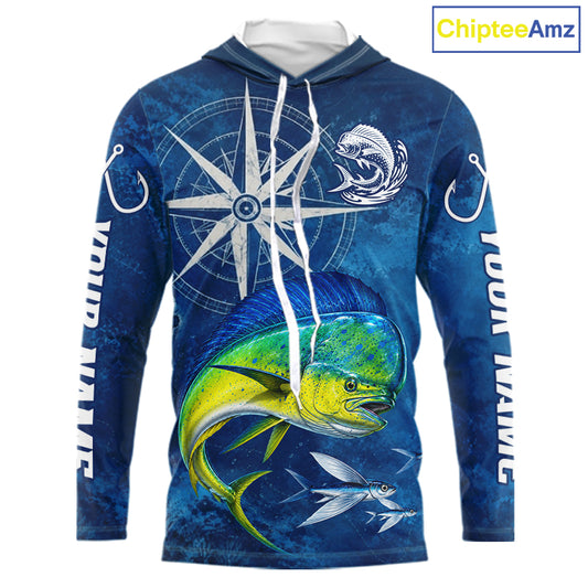 Mahi Mahi Fishing Shirt Long Sleeve Hooded Gift For Men – Deep Sea Angler Ocean Compass Design