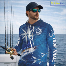 Load image into Gallery viewer, Marlin Fishing Shirt Long Sleeve Hooded Gift For Men – Deep Sea Angler Ocean Compass Design