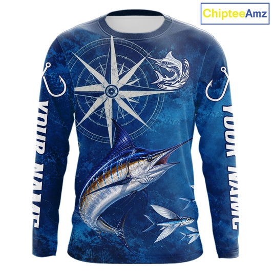Marlin Fishing Shirt Long Sleeve Gift For Men – Deep Sea Angler Ocean Compass Design