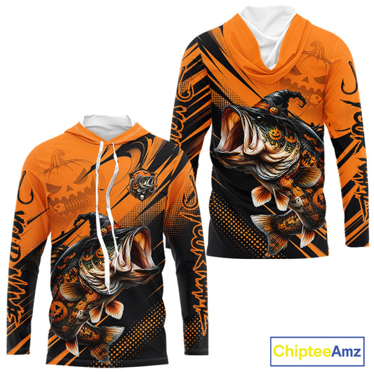 Halloween Bass Fishing Shirt, Largemouth Bass Long Sleeve Hooded Fishing Jersey, Custom Angler Gift NHT1354