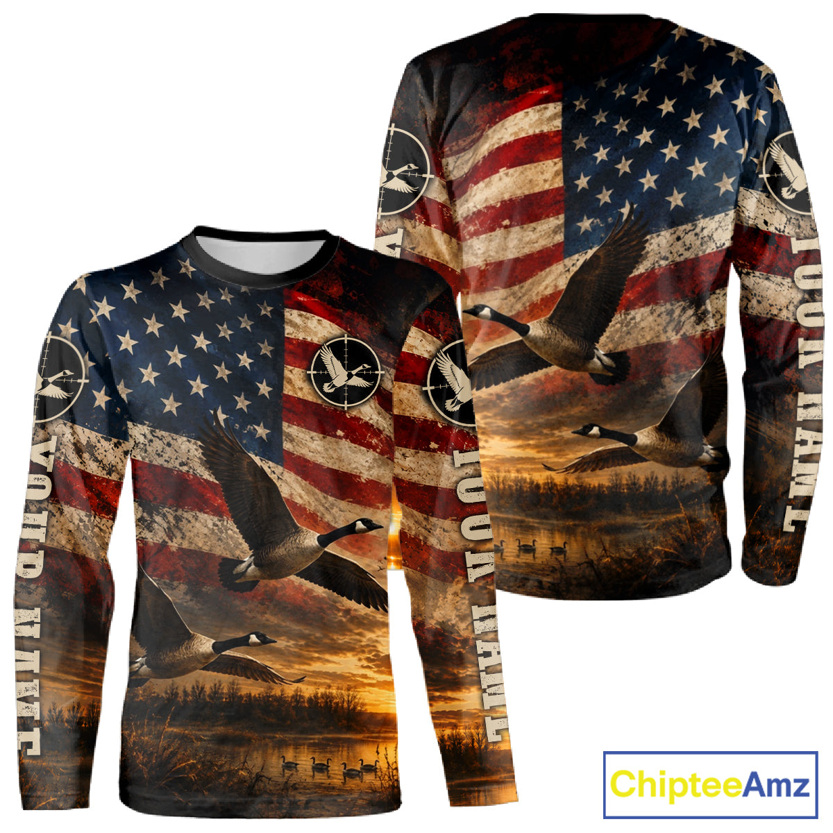 Goose Hunting Shirt American Flag Waterfowl Hunter Sunset Patriotic Hunting Gift NHT1360