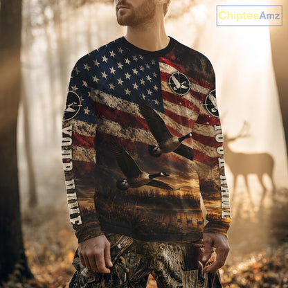 Goose Hunting Shirt American Flag Waterfowl Hunter Sunset Patriotic Hunting Gift NHT1360